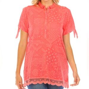 NEW Johnny Was Harmonee Rahwa Embroidered Tunic Top Tie Sleeves Coral Size S